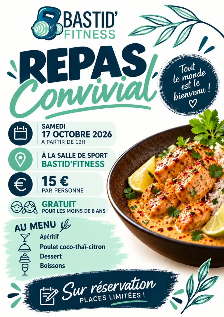 Affiche du repas convivial de la salle de sport Bastid'Fitness à Monflanquin, samedi 17 octobre 2026